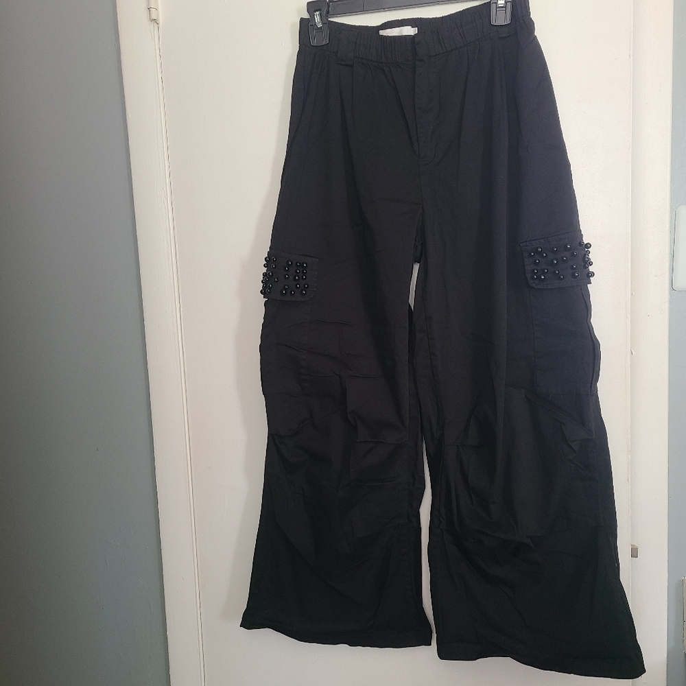 Women Baggy Cargo  Pants  Black Y2K Strait Wide Leg Side Beaded Pockets Size M